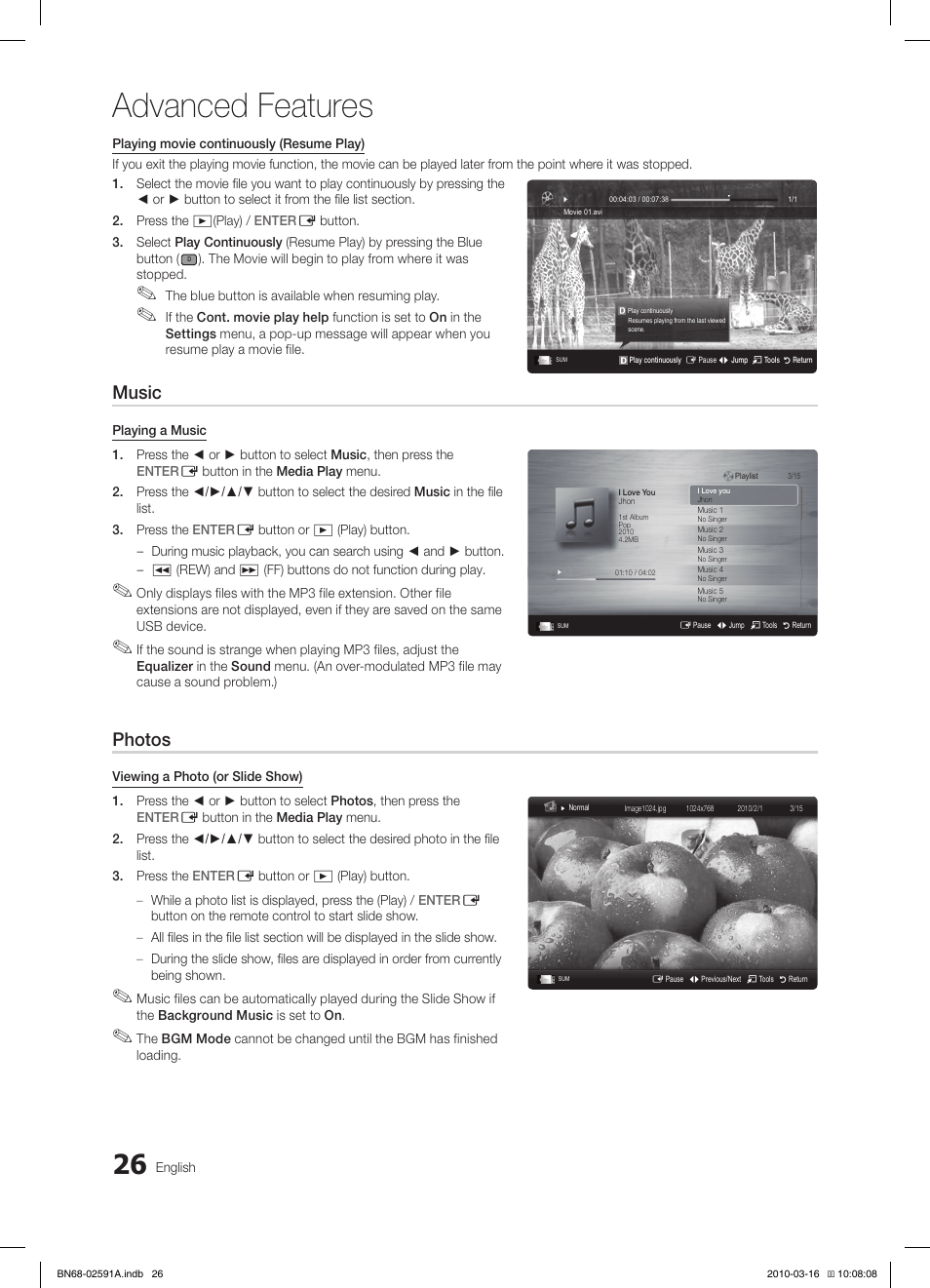 Advanced features, Music, Photos | Samsung LE19C451E2W User Manual | Page 26 / 157