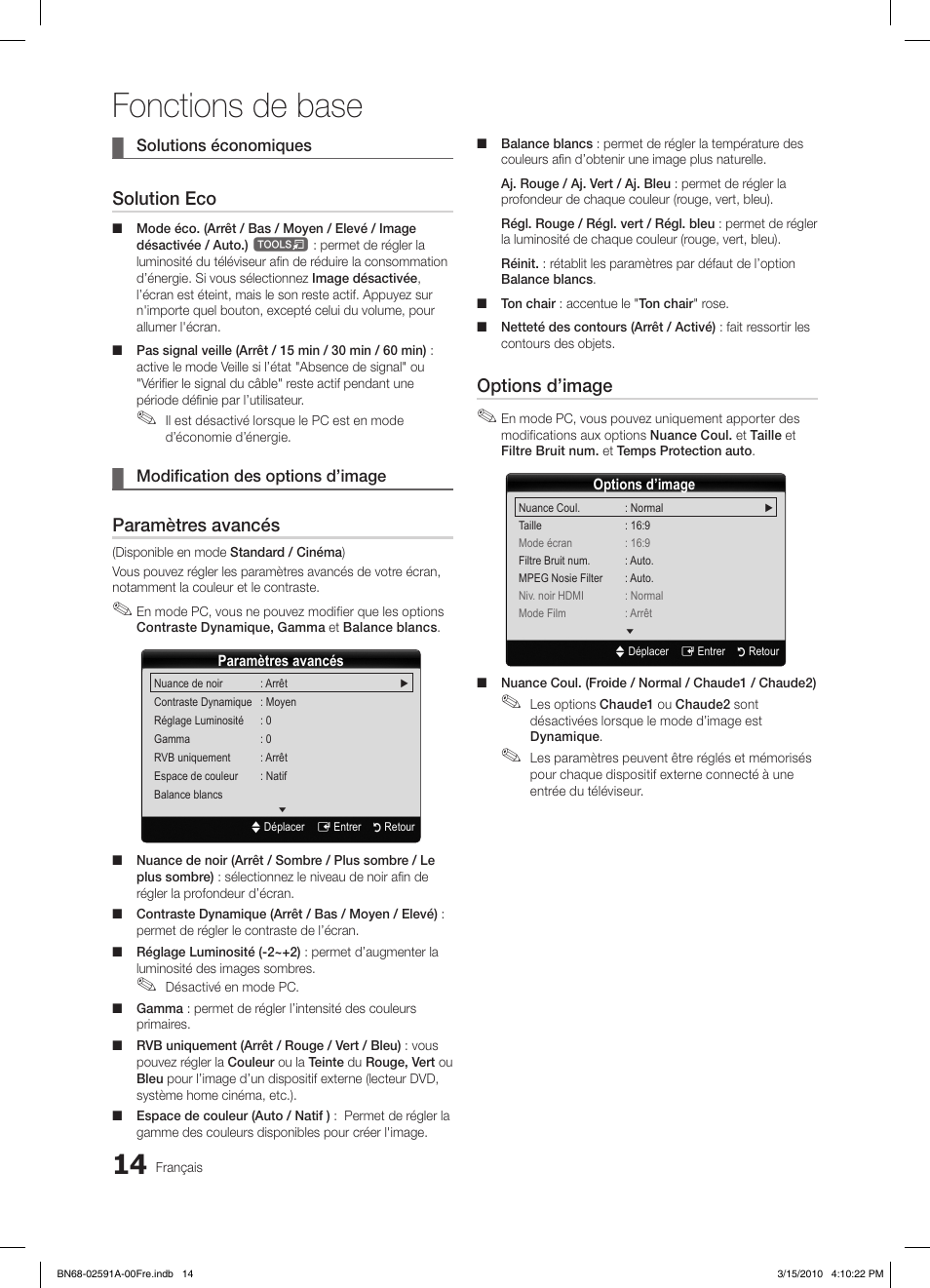 Fonctions de base, Solution eco, Paramètres avancés | Options d’image | Samsung LE19C451E2W User Manual | Page 53 / 157