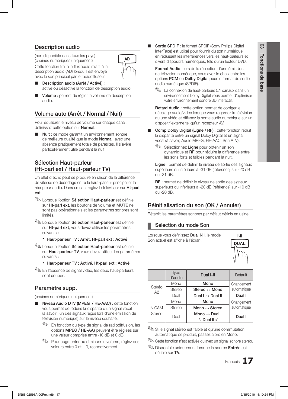 Description audio, Volume auto (arrêt / normal / nuit), Paramètre supp | Réinitialisation du son (ok / annuler) | Samsung LE19C451E2W User Manual | Page 56 / 157