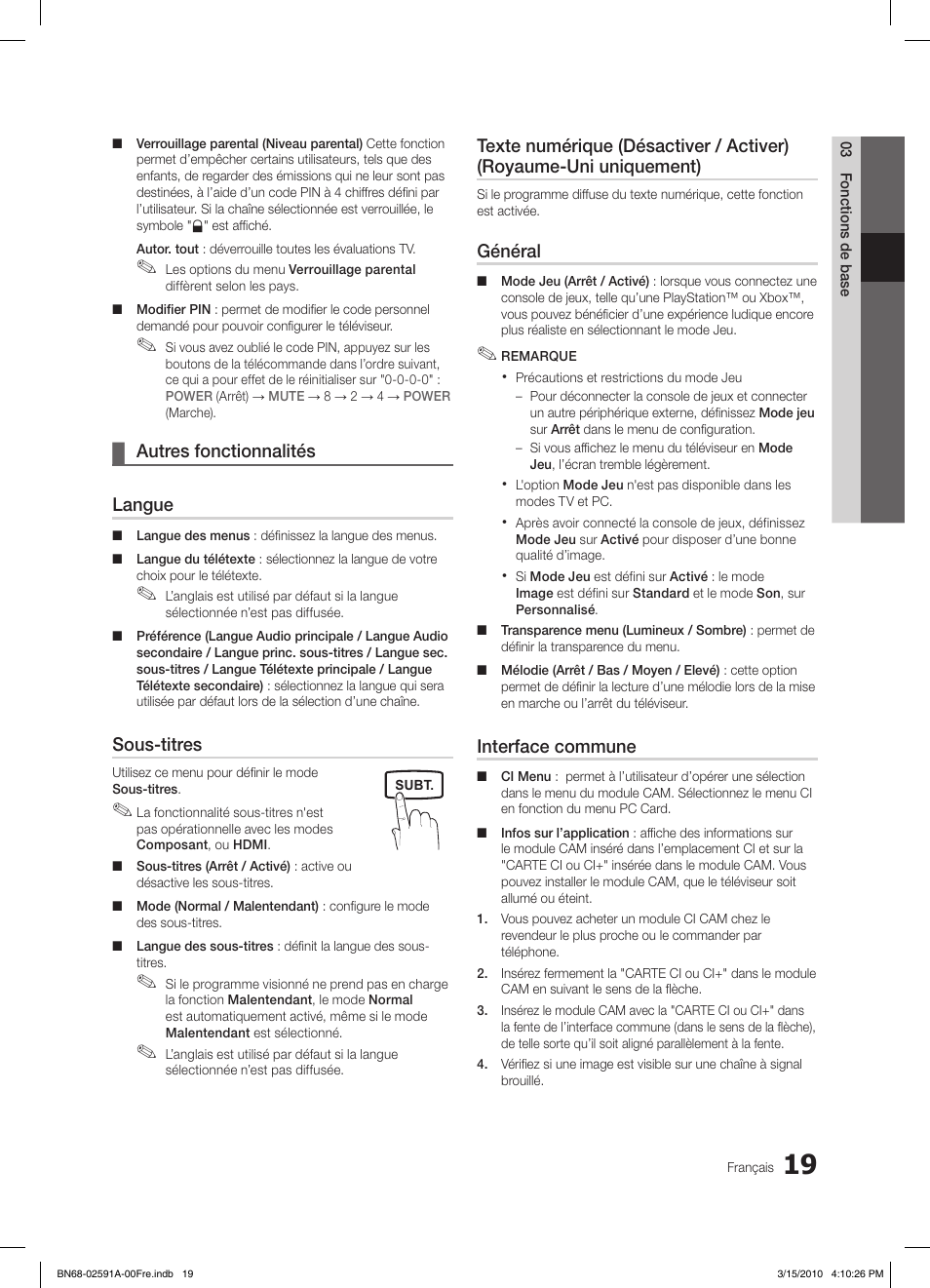 Autres fonctionnalités ¦ langue, Sous-titres, Général | Interface commune | Samsung LE19C451E2W User Manual | Page 58 / 157