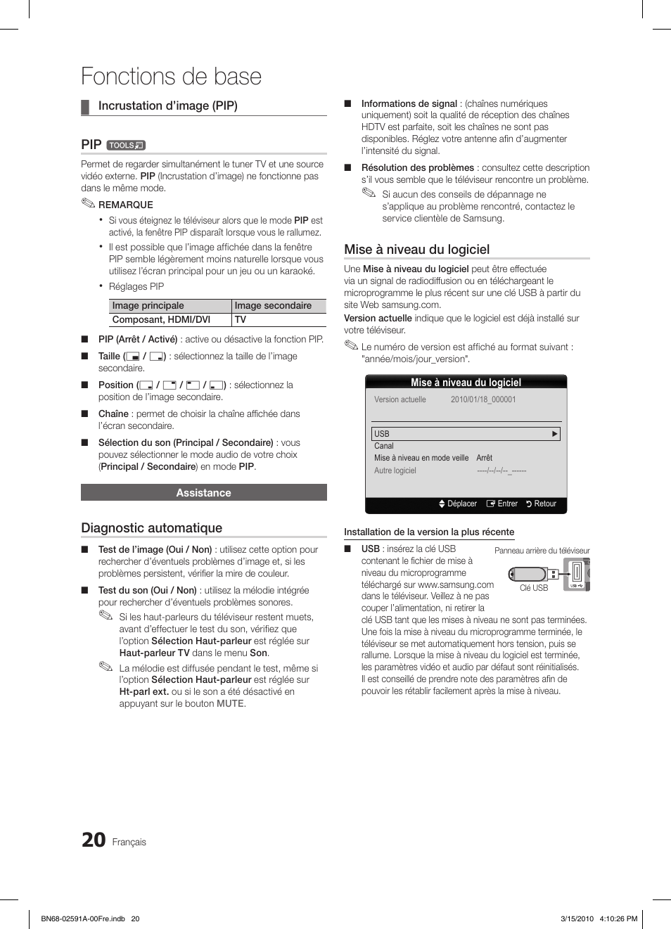 Fonctions de base, Diagnostic automatique, Mise à niveau du logiciel | Samsung LE19C451E2W User Manual | Page 59 / 157