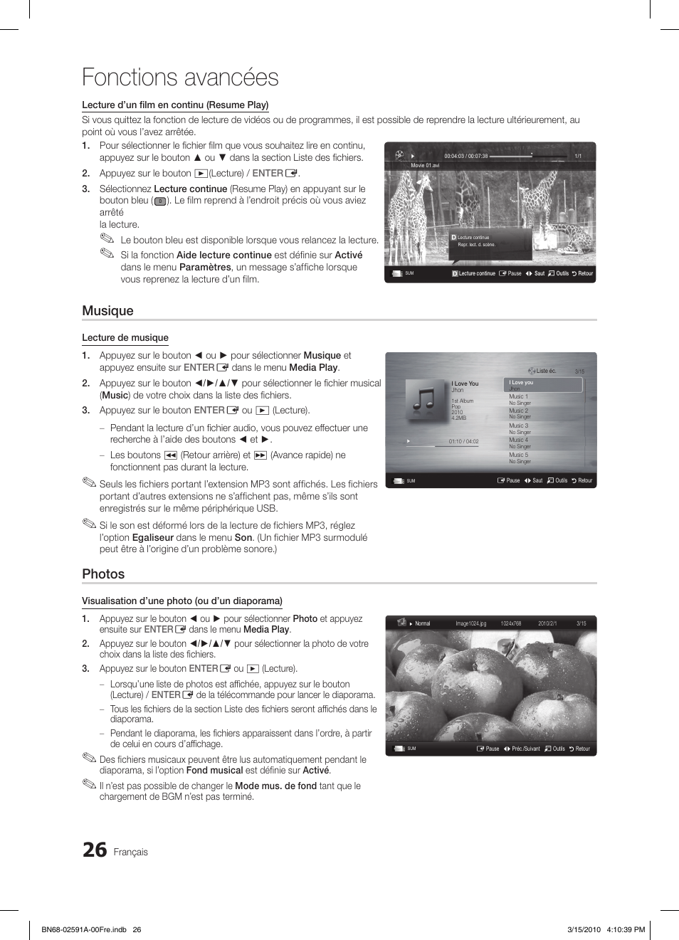 Fonctions avancées, Musique, Photos | Samsung LE19C451E2W User Manual | Page 65 / 157