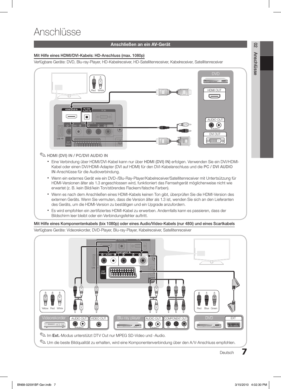 Anschlüsse, 02 anschlüsse, Anschließen an ein av-gerät | Deutsch, Eine verbindung über hdmi/dvi-kabel kann nur über, Blu-ray player dvd videorekorder dvd | Samsung LE19C451E2W User Manual | Page 85 / 157