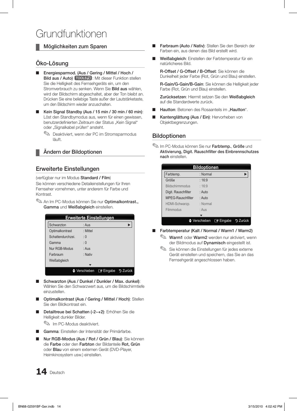 Grundfunktionen, Öko-lösung, Erweiterte einstellungen | Bildoptionen | Samsung LE19C451E2W User Manual | Page 92 / 157