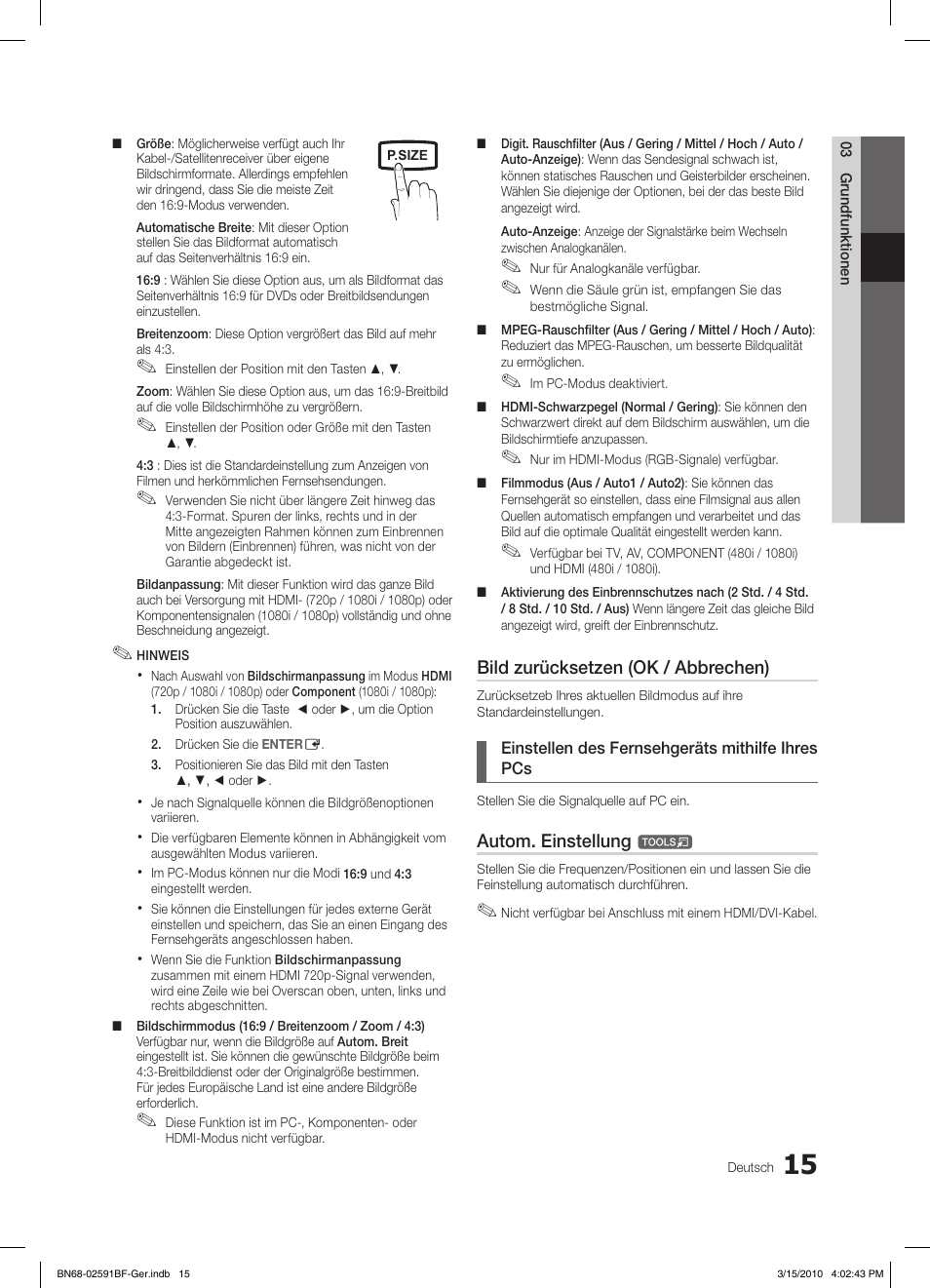 Bild zurücksetzen (ok / abbrechen), Autom. einstellung | Samsung LE19C451E2W User Manual | Page 93 / 157