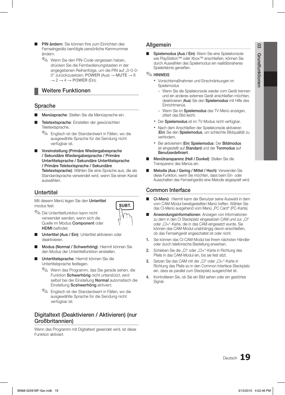 Weitere funktionen ¦ sprache, Untertitel, Allgemein | Common interface | Samsung LE19C451E2W User Manual | Page 97 / 157