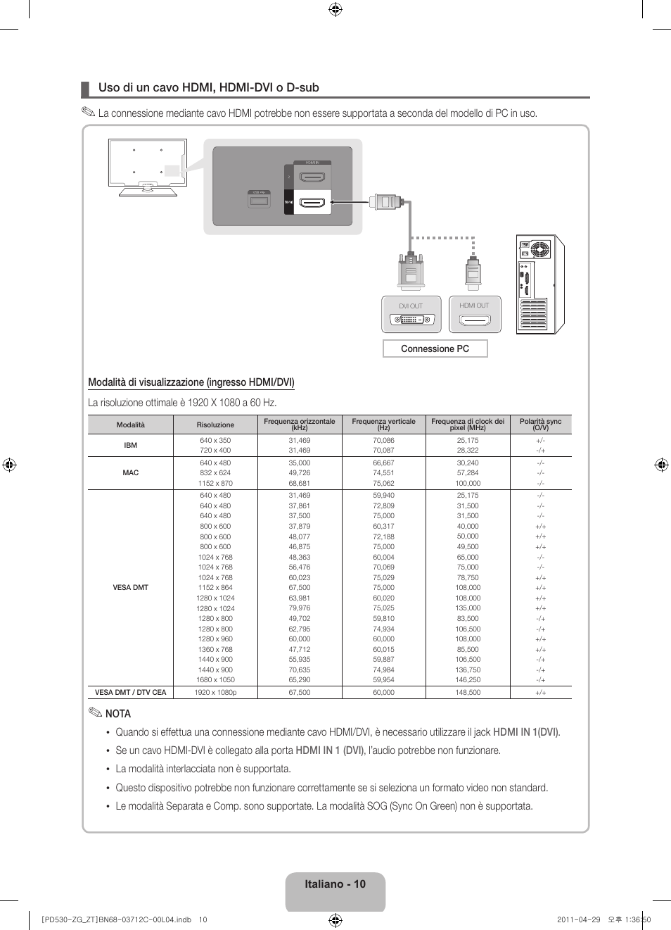 Uso di un cavo hdmi, hdmi-dvi o d-sub | Samsung PS51D530A5W User Manual | Page 58 / 66