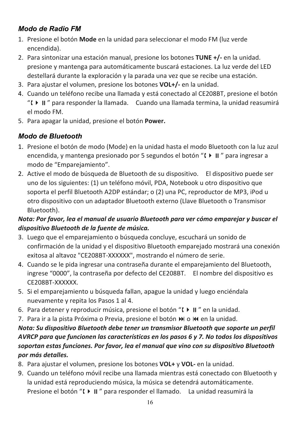 Audiovox CE208BT User Manual | Page 16 / 30