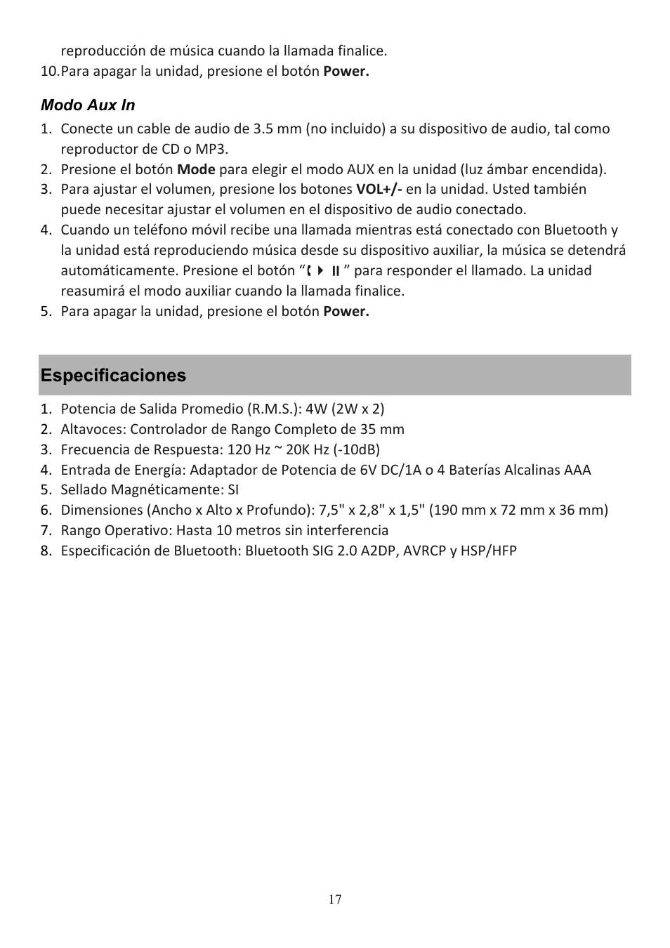 Especificaciones | Audiovox CE208BT User Manual | Page 17 / 30