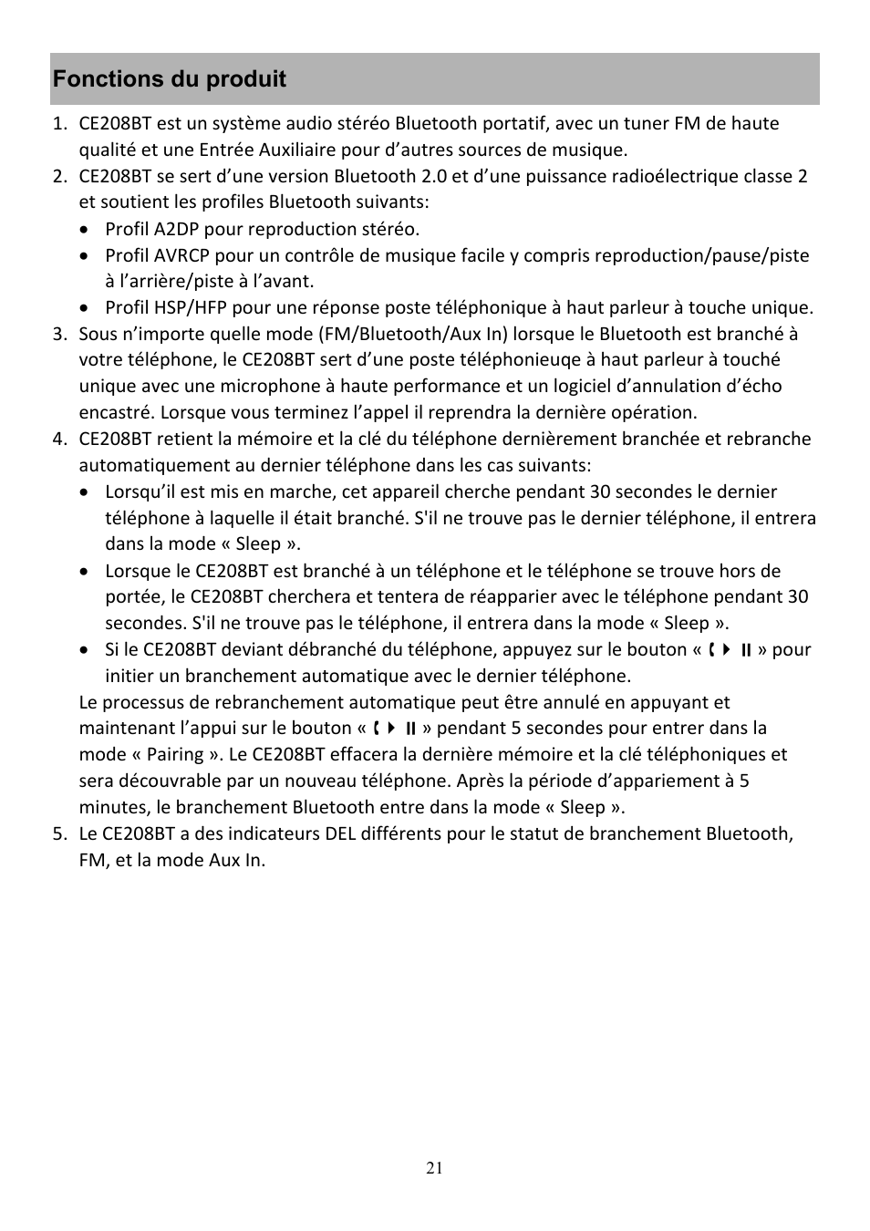 Audiovox CE208BT User Manual | Page 21 / 30