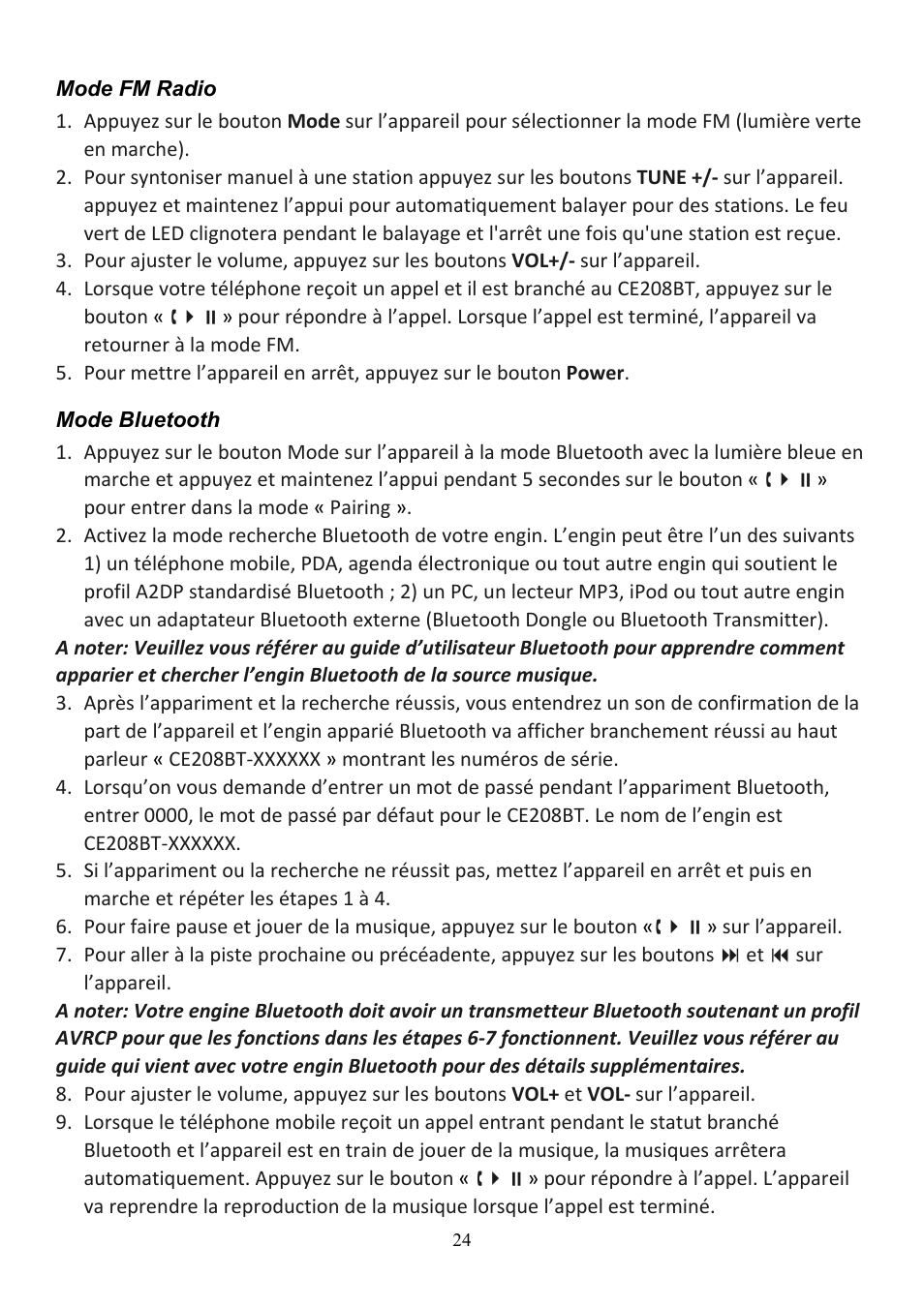 Audiovox CE208BT User Manual | Page 24 / 30