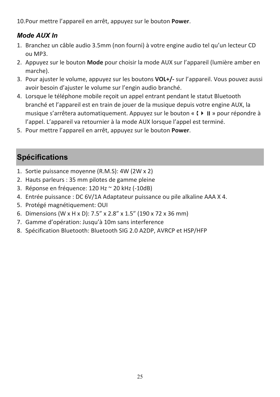 Spécifications | Audiovox CE208BT User Manual | Page 25 / 30