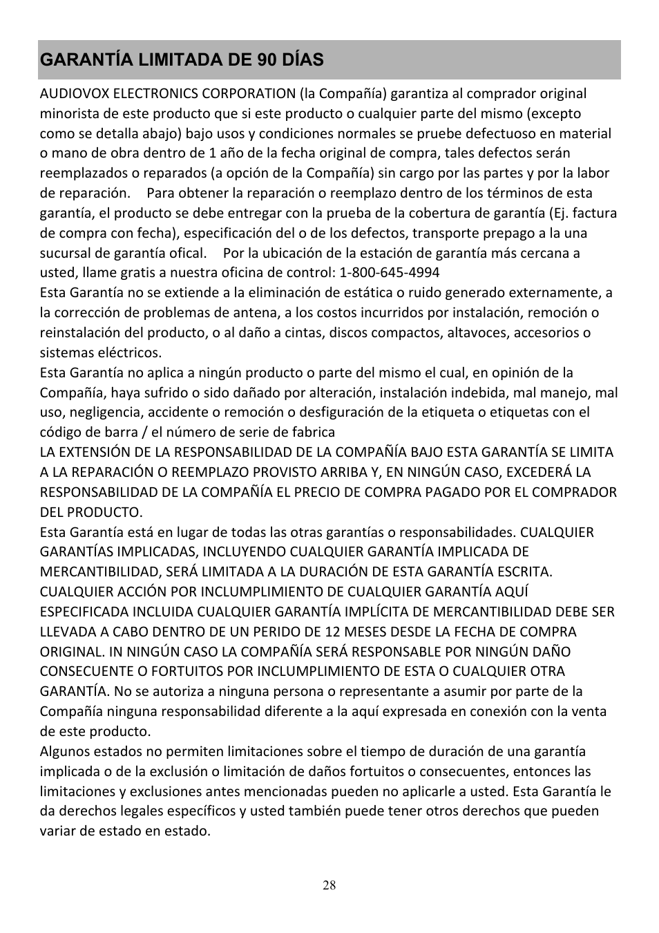 Garantía limitada de 90 días | Audiovox CE208BT User Manual | Page 28 / 30