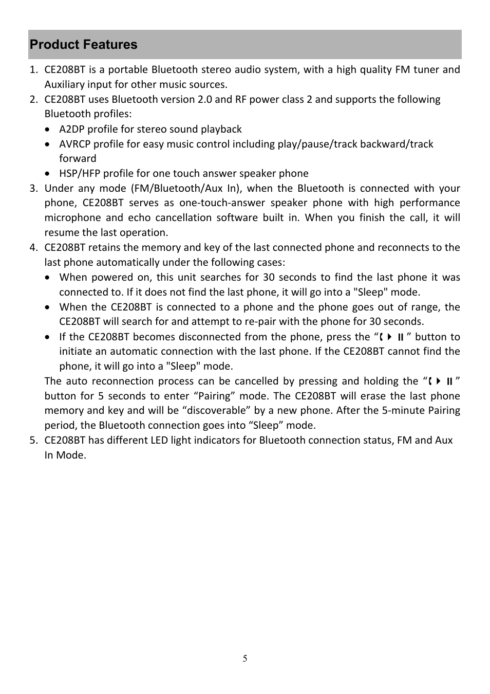 Audiovox CE208BT User Manual | Page 5 / 30