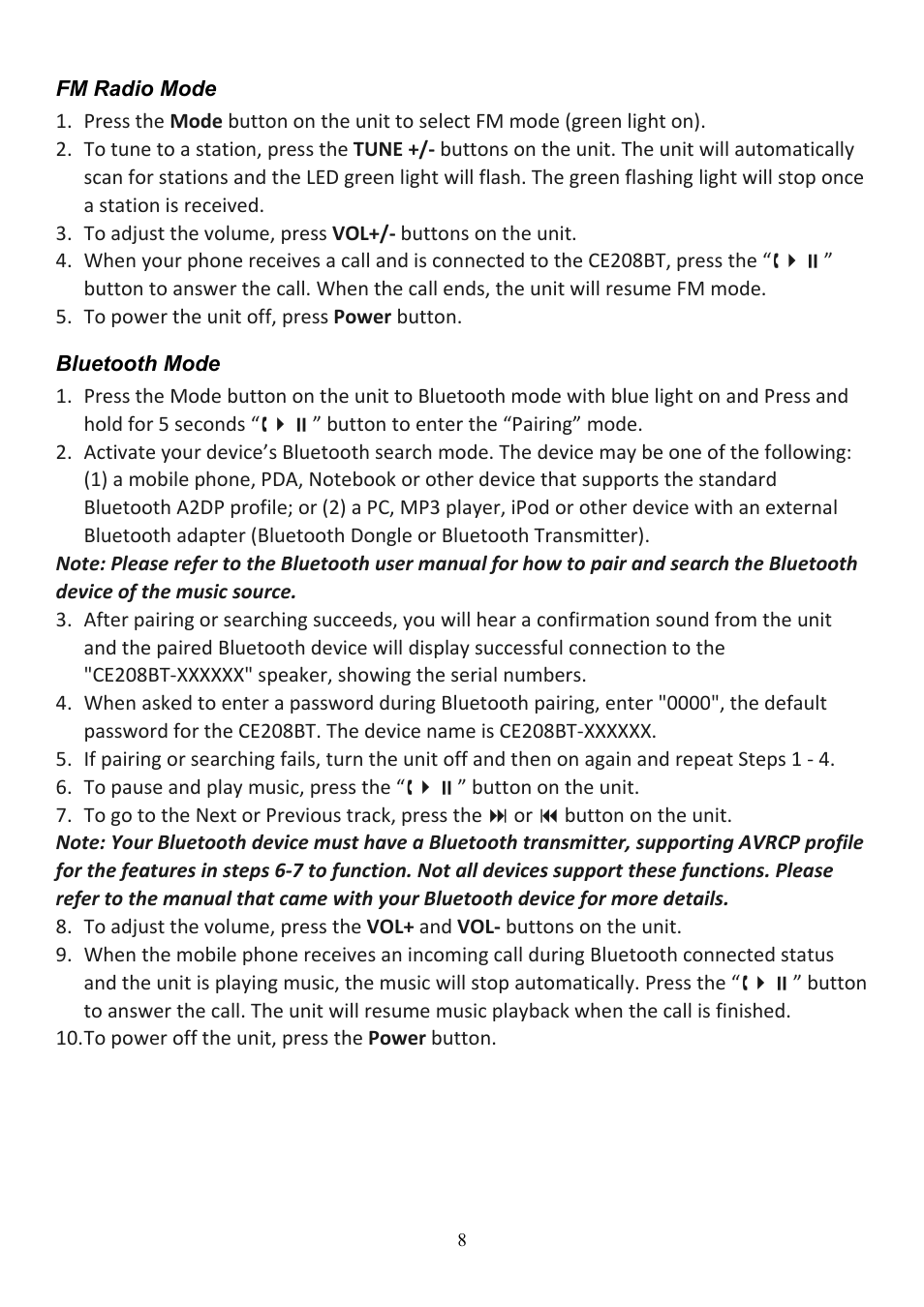 Audiovox CE208BT User Manual | Page 8 / 30