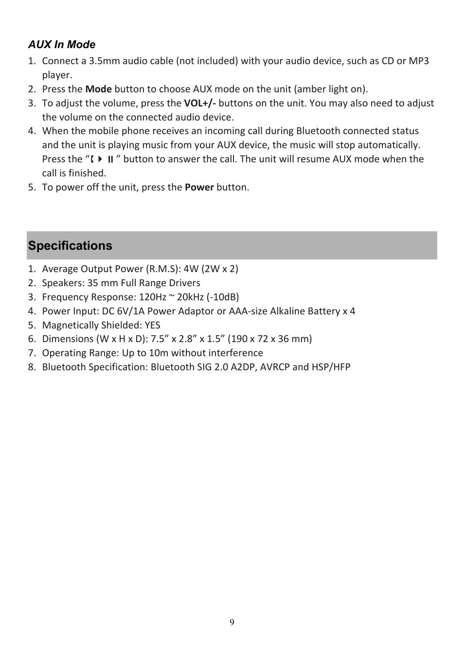 Specifications | Audiovox CE208BT User Manual | Page 9 / 30