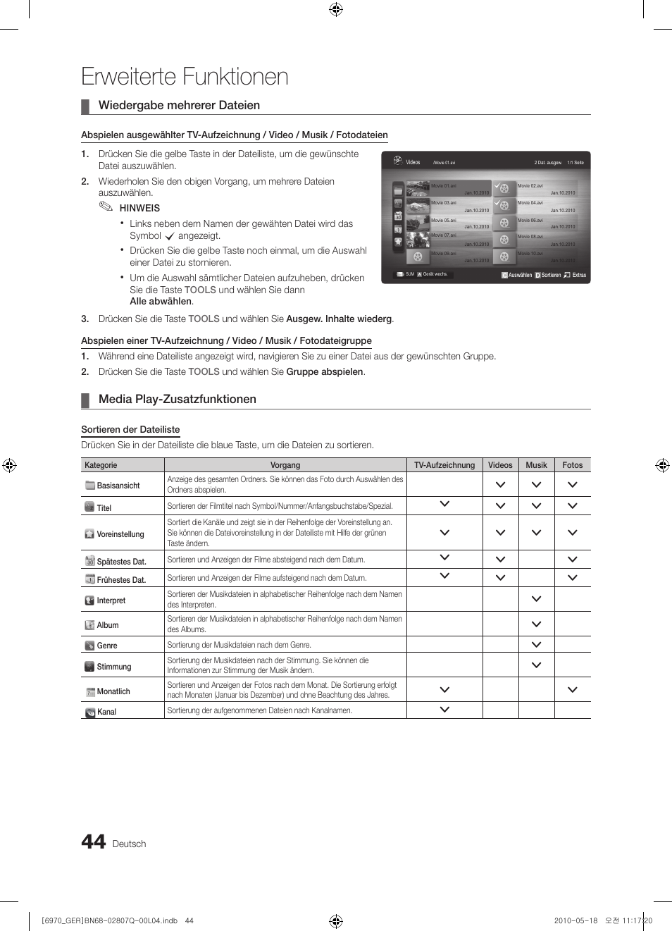 Erweiterte funktionen, Wiedergabe mehrerer dateien, Media play-zusatzfunktionen | Samsung PS50C6970YS User Manual | Page 108 / 256