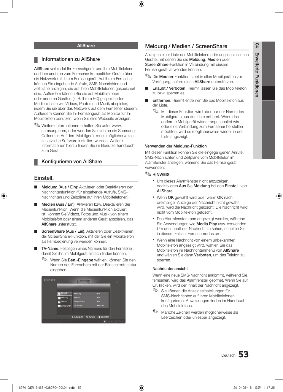 Einstell, Meldung / medien / screenshare | Samsung PS50C6970YS User Manual | Page 117 / 256
