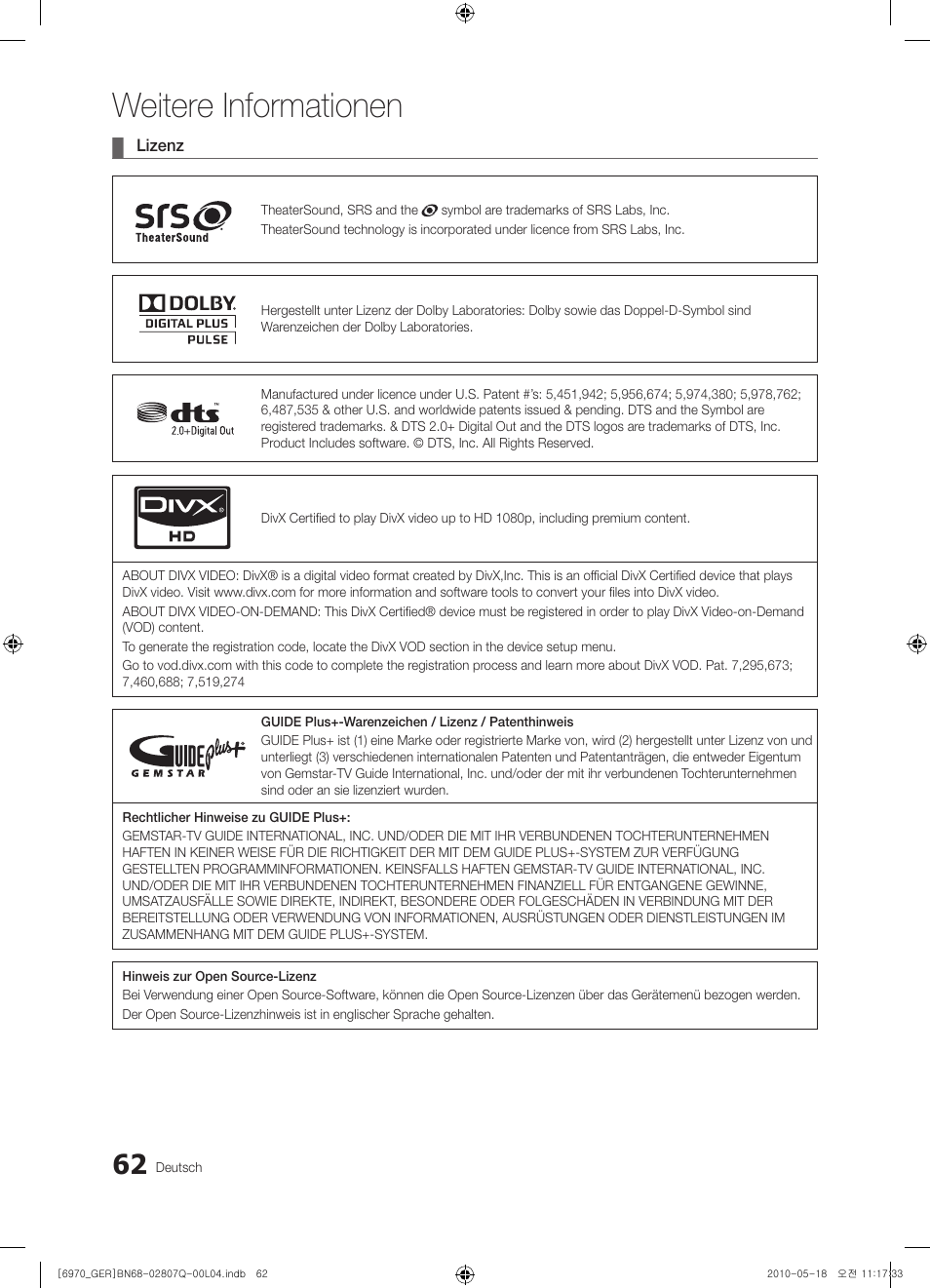 Weitere informationen | Samsung PS50C6970YS User Manual | Page 126 / 256