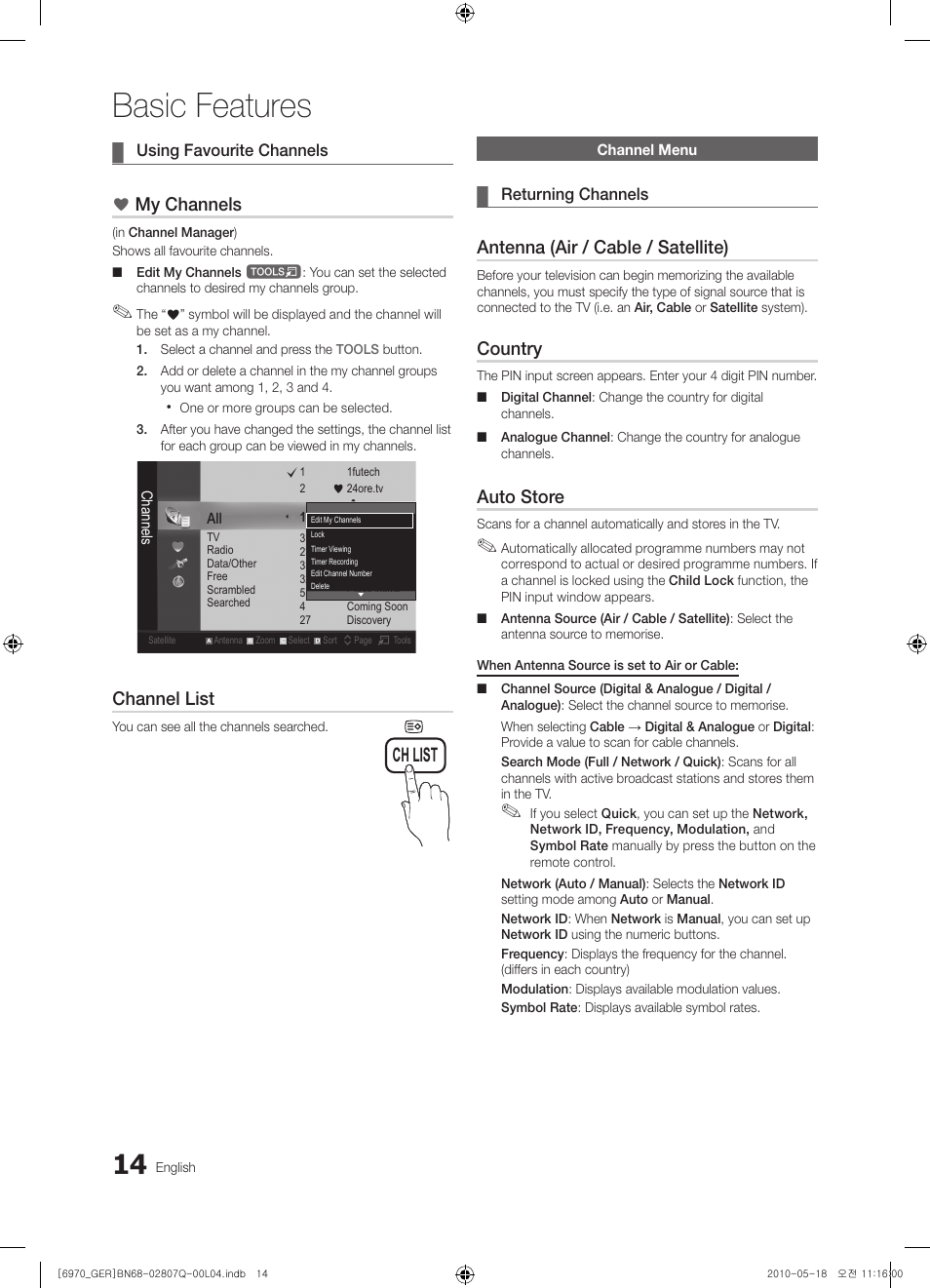Basic features, Ch list, My channels | Channel list, Antenna (air / cable / satellite), Country, Auto store | Samsung PS50C6970YS User Manual | Page 14 / 256