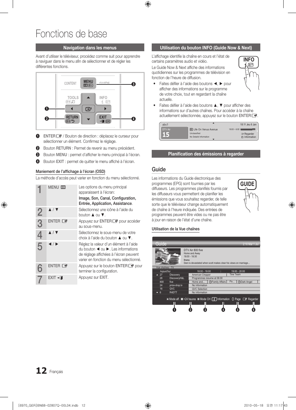 Fonctions de base, Guide, Info | Samsung PS50C6970YS User Manual | Page 140 / 256