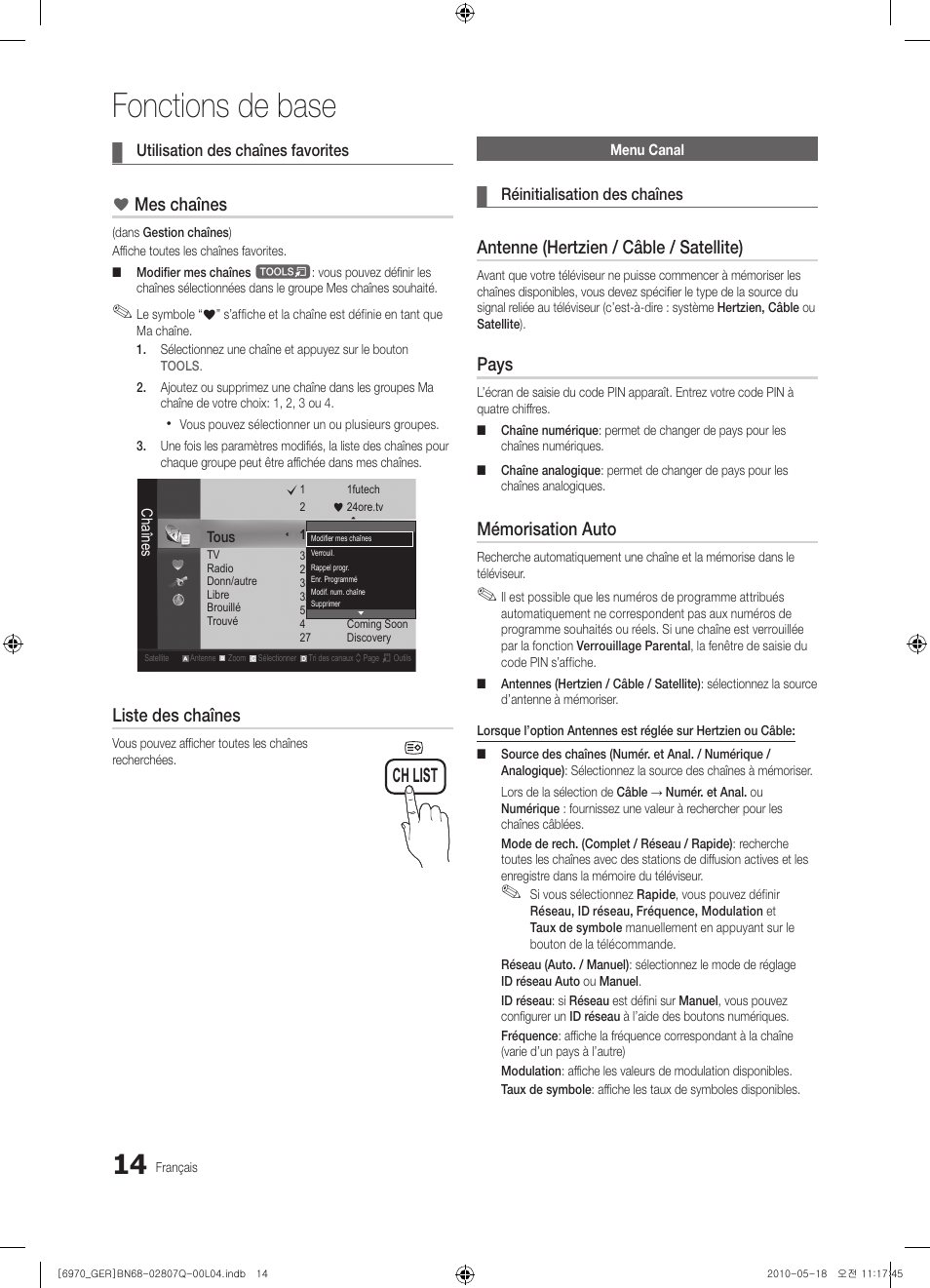 Fonctions de base, Ch list, Mes chaînes | Liste des chaînes, Antenne (hertzien / câble / satellite), Pays, Mémorisation auto | Samsung PS50C6970YS User Manual | Page 142 / 256
