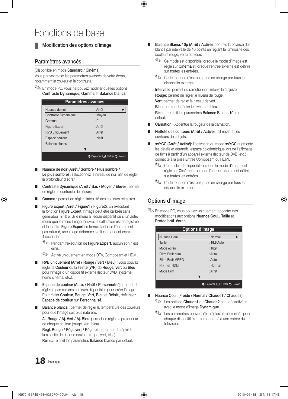 Fonctions de base, Paramètres avancés, Options d’image | Samsung PS50C6970YS User Manual | Page 146 / 256