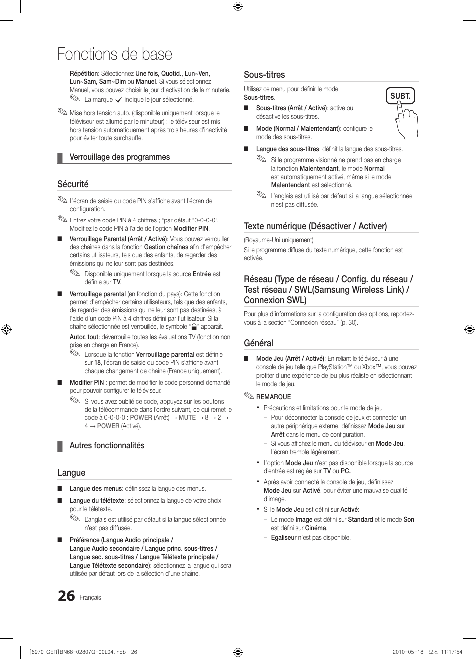 Fonctions de base | Samsung PS50C6970YS User Manual | Page 154 / 256