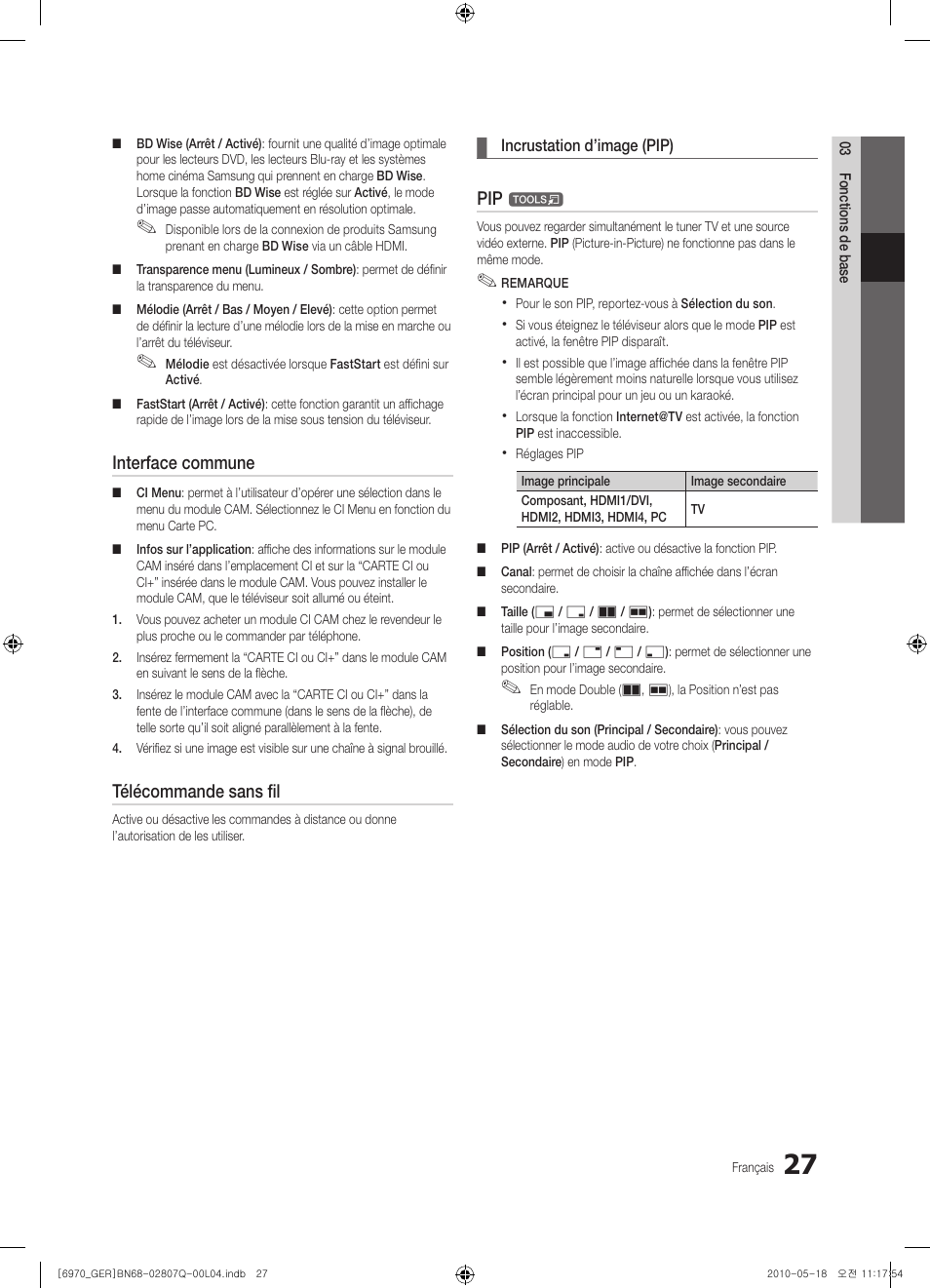 Interface commune, Télécommande sans fil | Samsung PS50C6970YS User Manual | Page 155 / 256