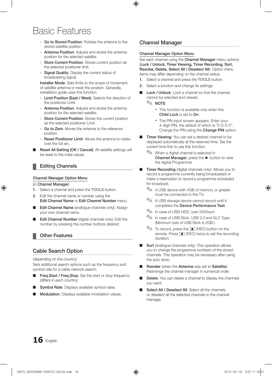 Basic features, Cable search option, Channel manager | Samsung PS50C6970YS User Manual | Page 16 / 256