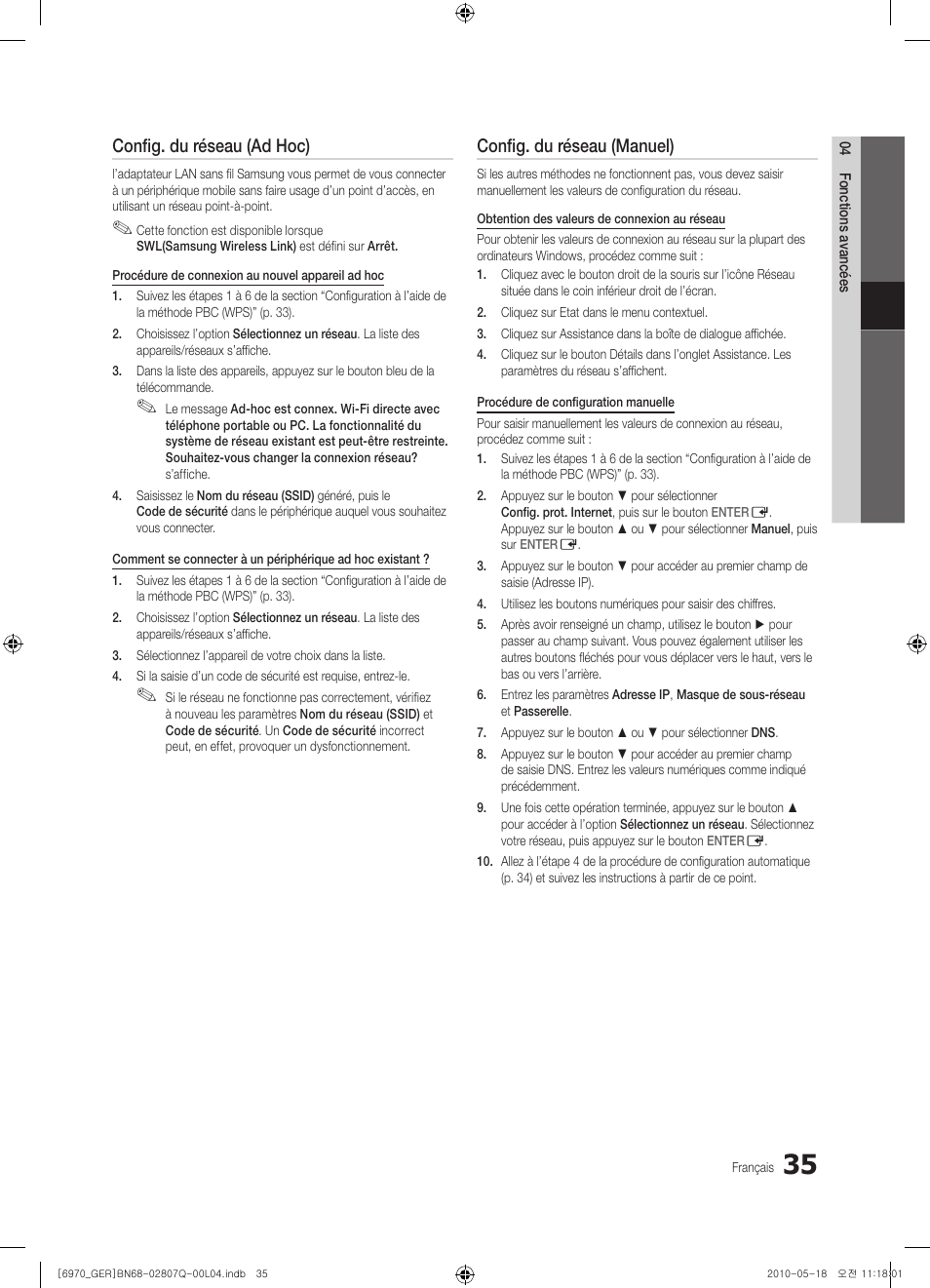 Config. du réseau (ad hoc), Config. du réseau (manuel) | Samsung PS50C6970YS User Manual | Page 163 / 256