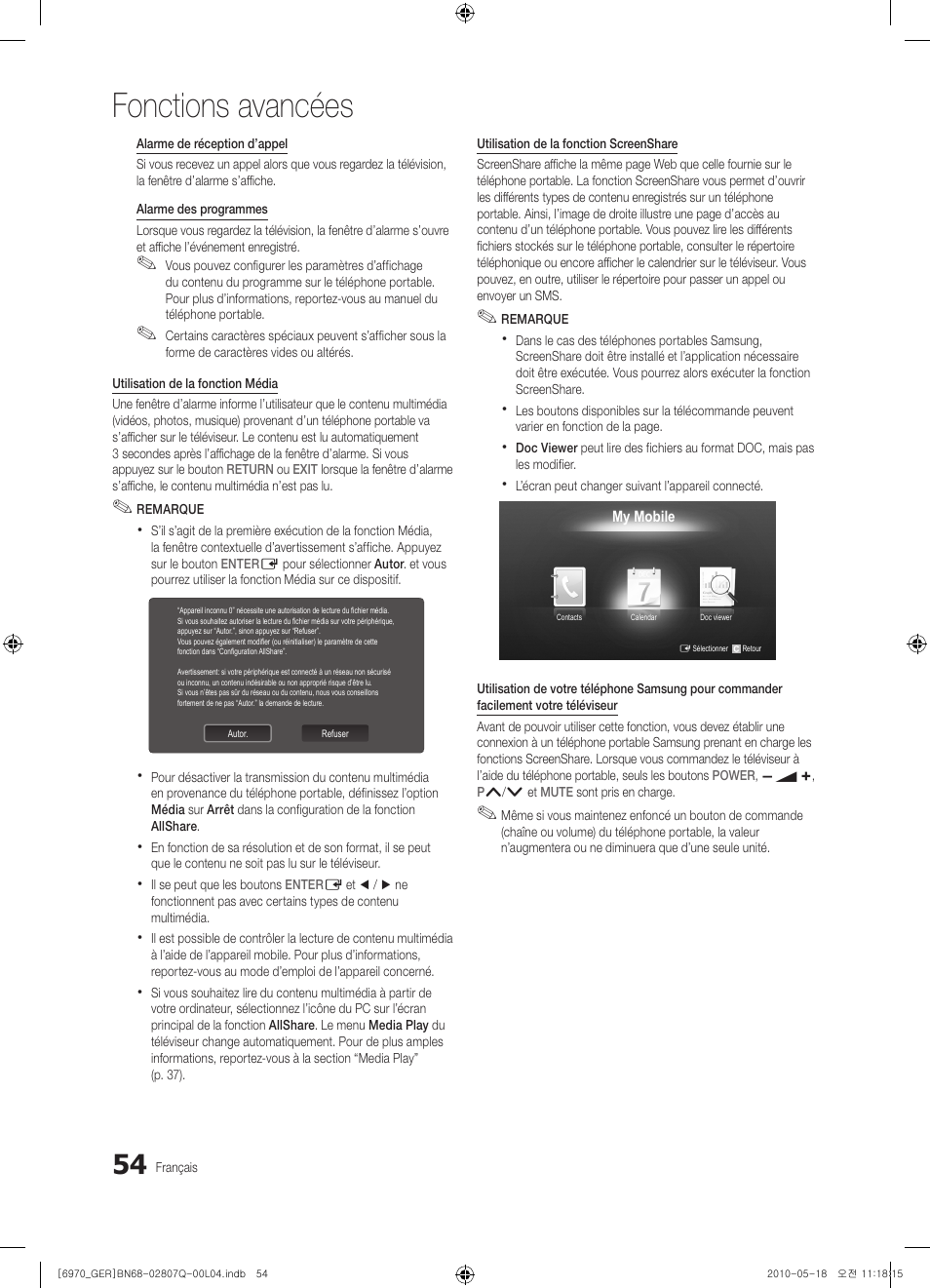 Fonctions avancées | Samsung PS50C6970YS User Manual | Page 182 / 256