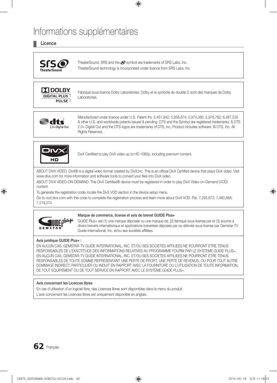 Informations supplémentaires | Samsung PS50C6970YS User Manual | Page 190 / 256
