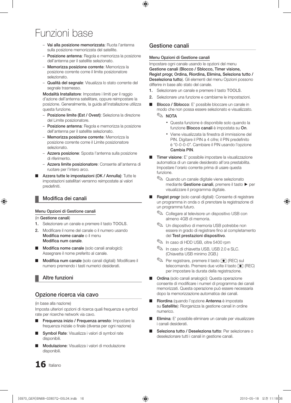 Funzioni base, Opzione ricerca via cavo, Gestione canali | Samsung PS50C6970YS User Manual | Page 208 / 256