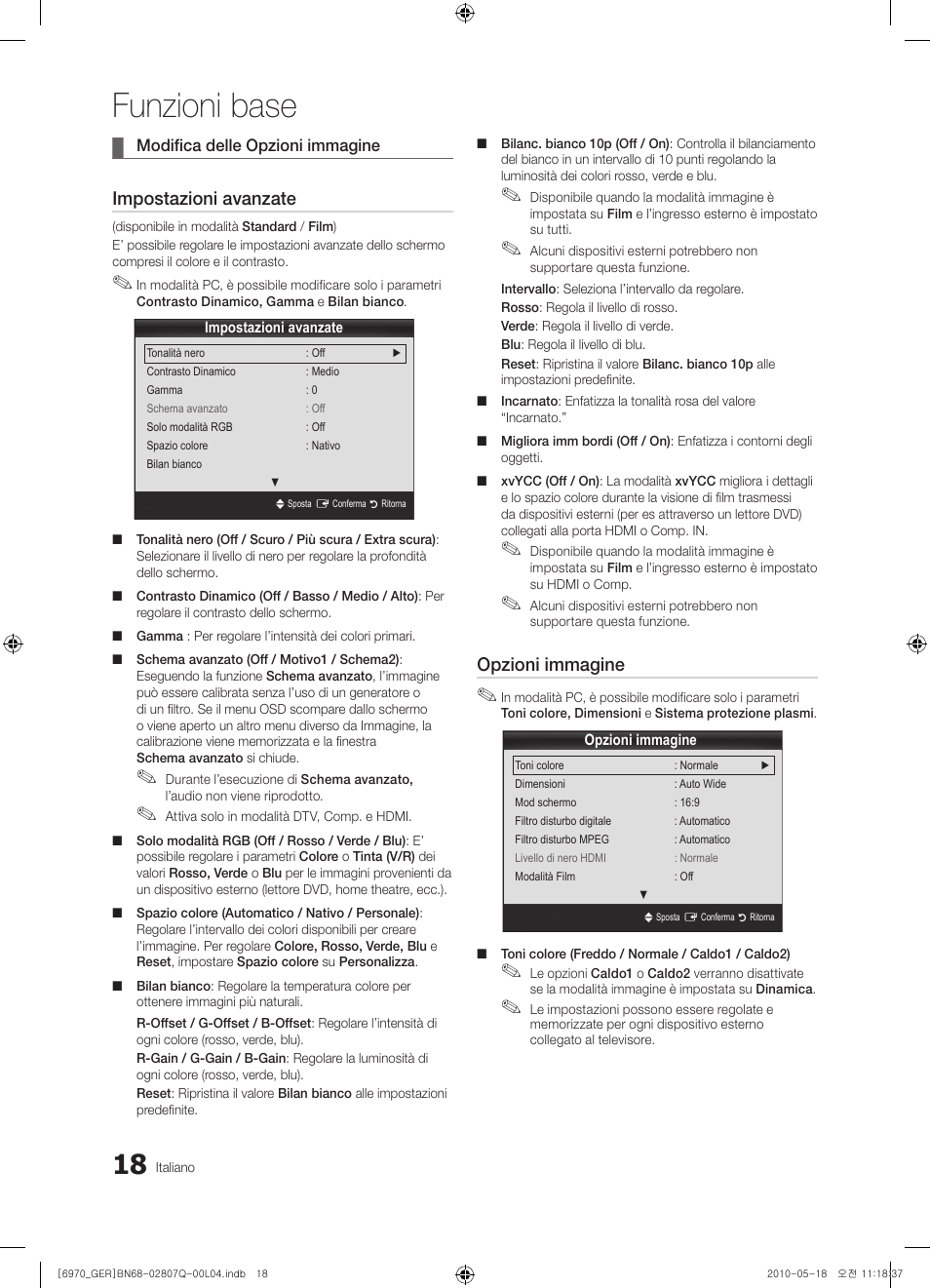 Funzioni base, Impostazioni avanzate, Opzioni immagine | Samsung PS50C6970YS User Manual | Page 210 / 256