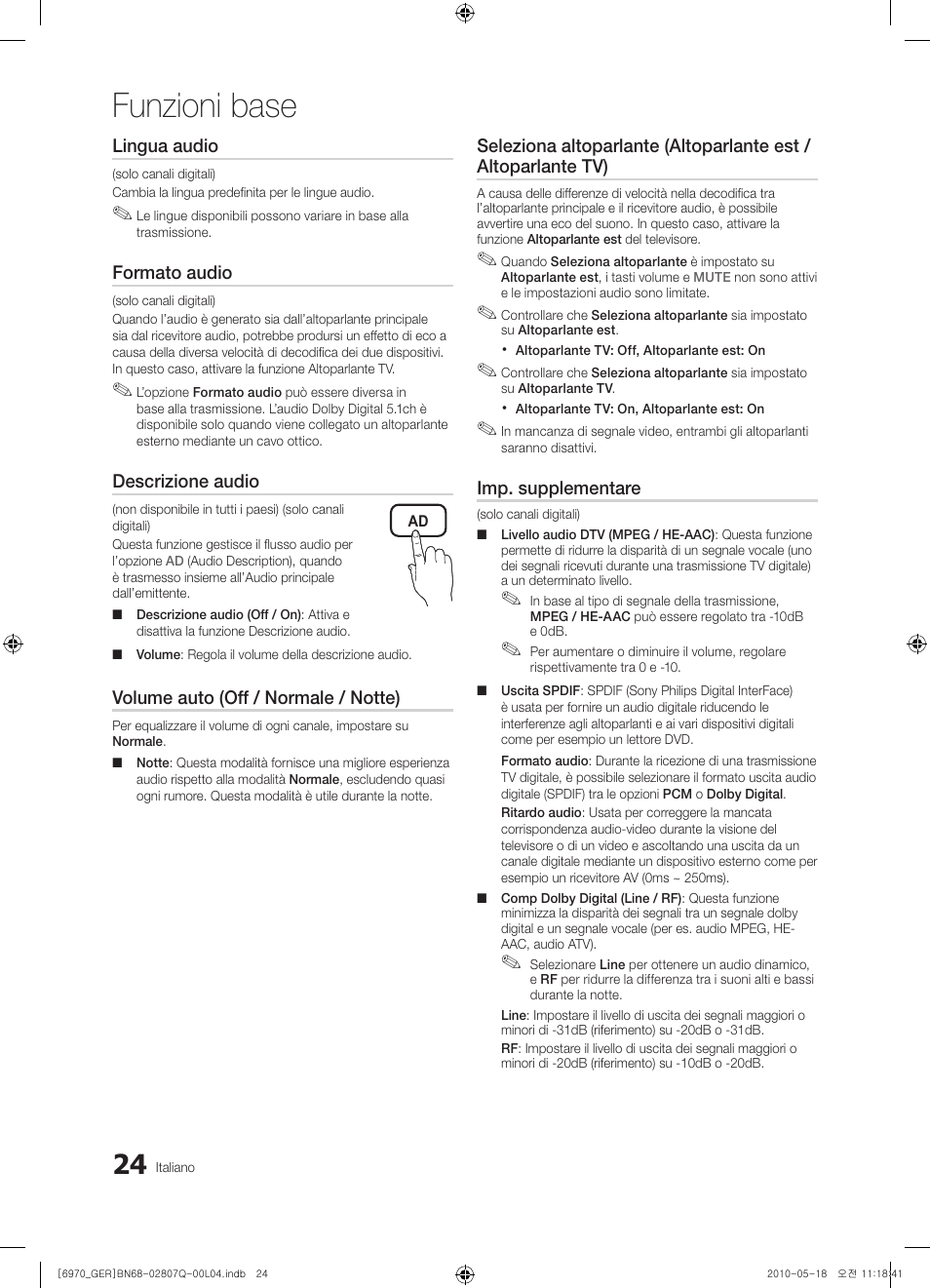 Funzioni base | Samsung PS50C6970YS User Manual | Page 216 / 256