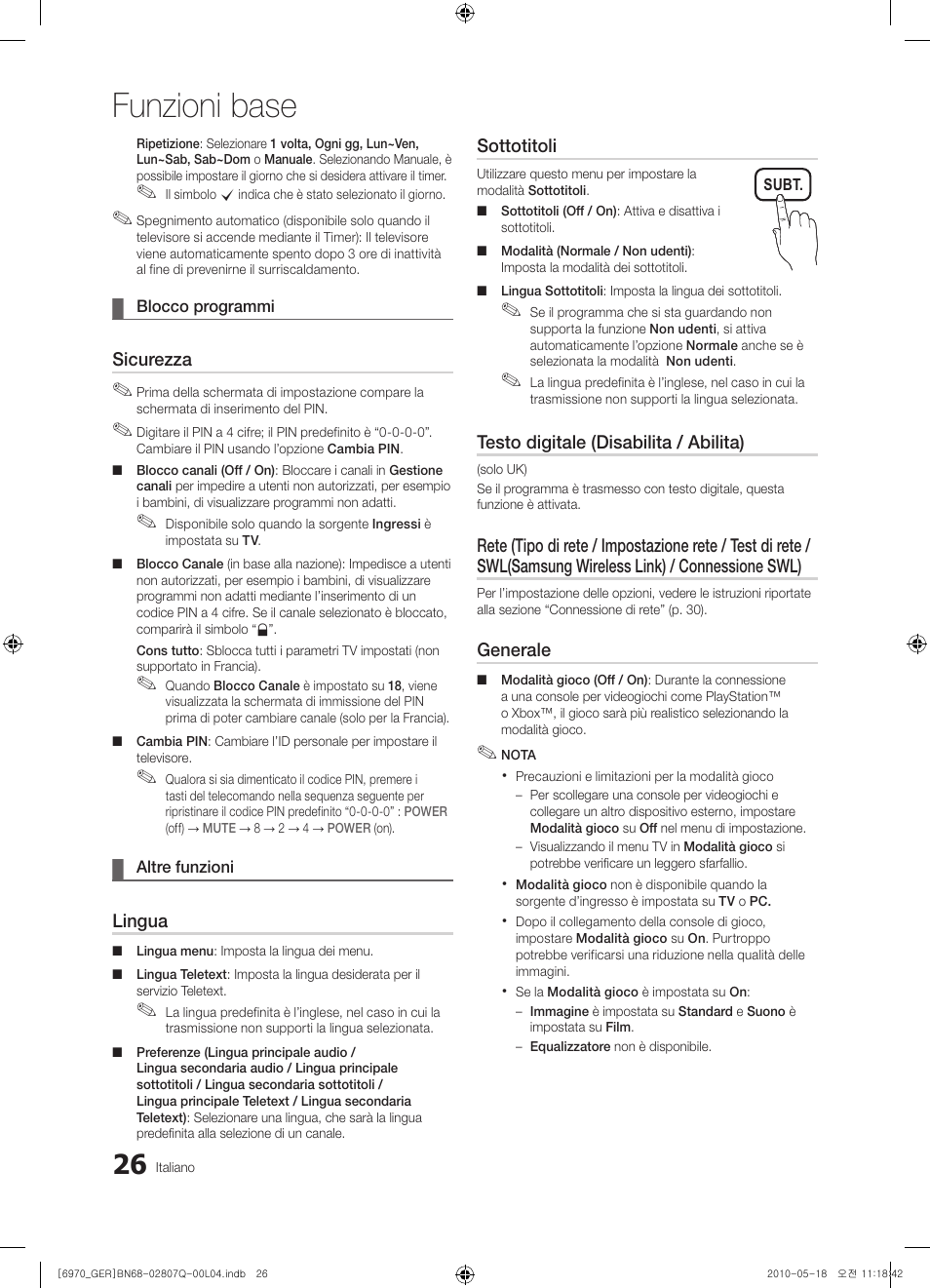 Funzioni base | Samsung PS50C6970YS User Manual | Page 218 / 256