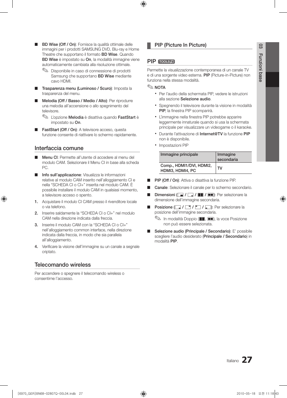 Interfaccia comune, Telecomando wireless | Samsung PS50C6970YS User Manual | Page 219 / 256