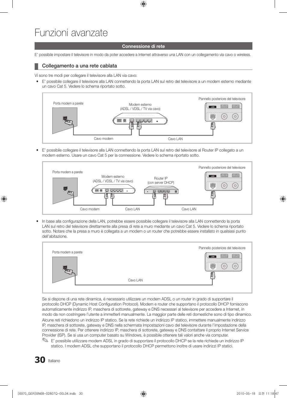 Funzioni avanzate, Collegamento a una rete cablata, Connessione di rete | Italiano | Samsung PS50C6970YS User Manual | Page 222 / 256