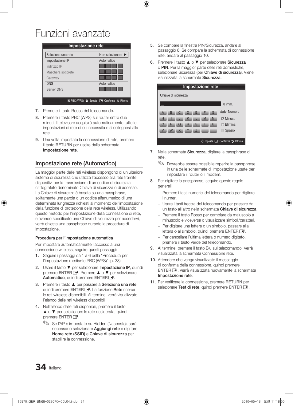 Funzioni avanzate, Impostazione rete (automatico) | Samsung PS50C6970YS User Manual | Page 226 / 256
