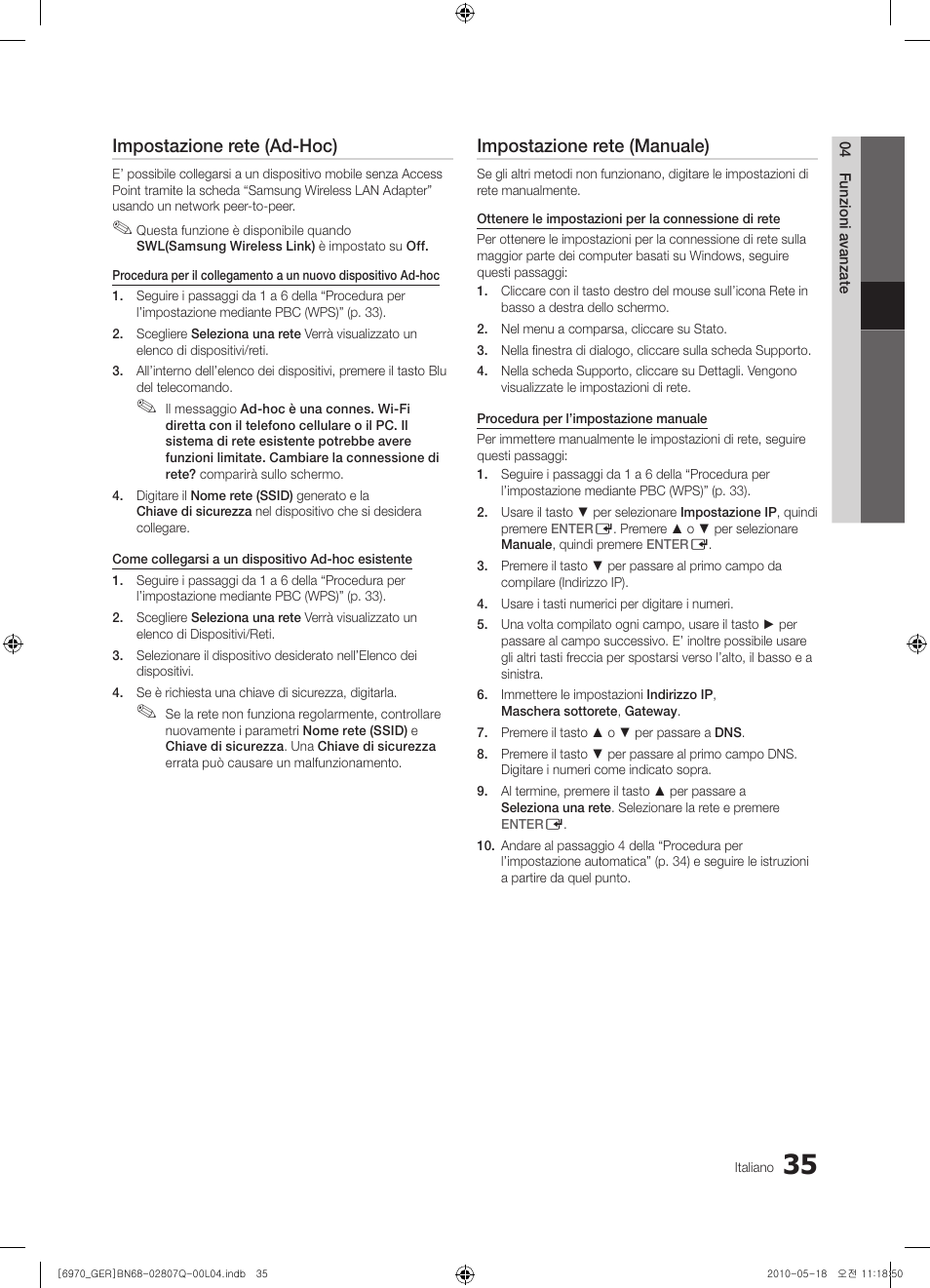 Impostazione rete (ad-hoc), Impostazione rete (manuale) | Samsung PS50C6970YS User Manual | Page 227 / 256