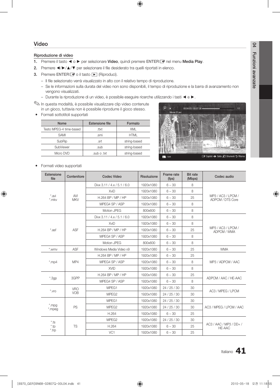 Video | Samsung PS50C6970YS User Manual | Page 233 / 256