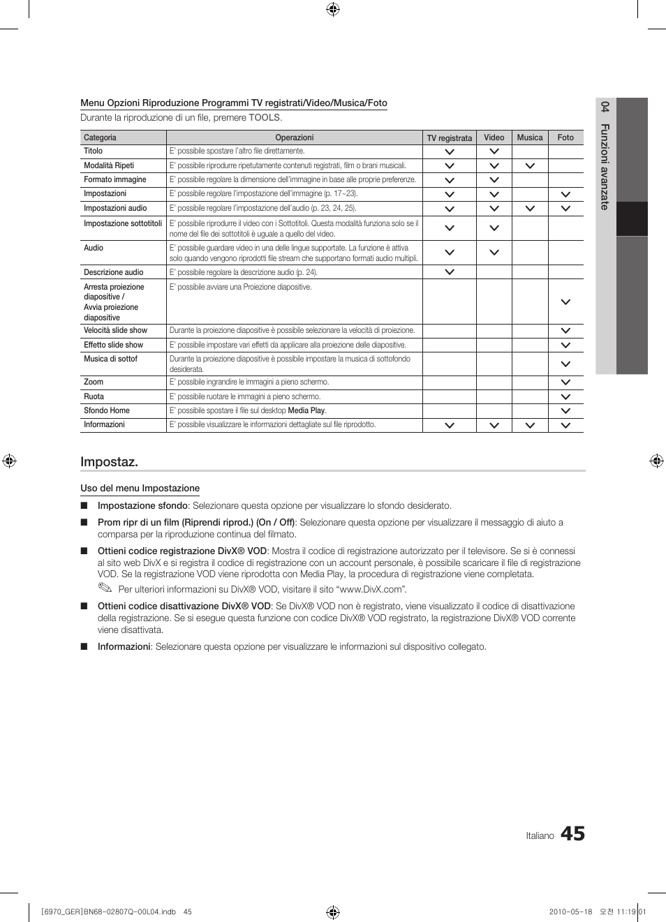 Impostaz | Samsung PS50C6970YS User Manual | Page 237 / 256