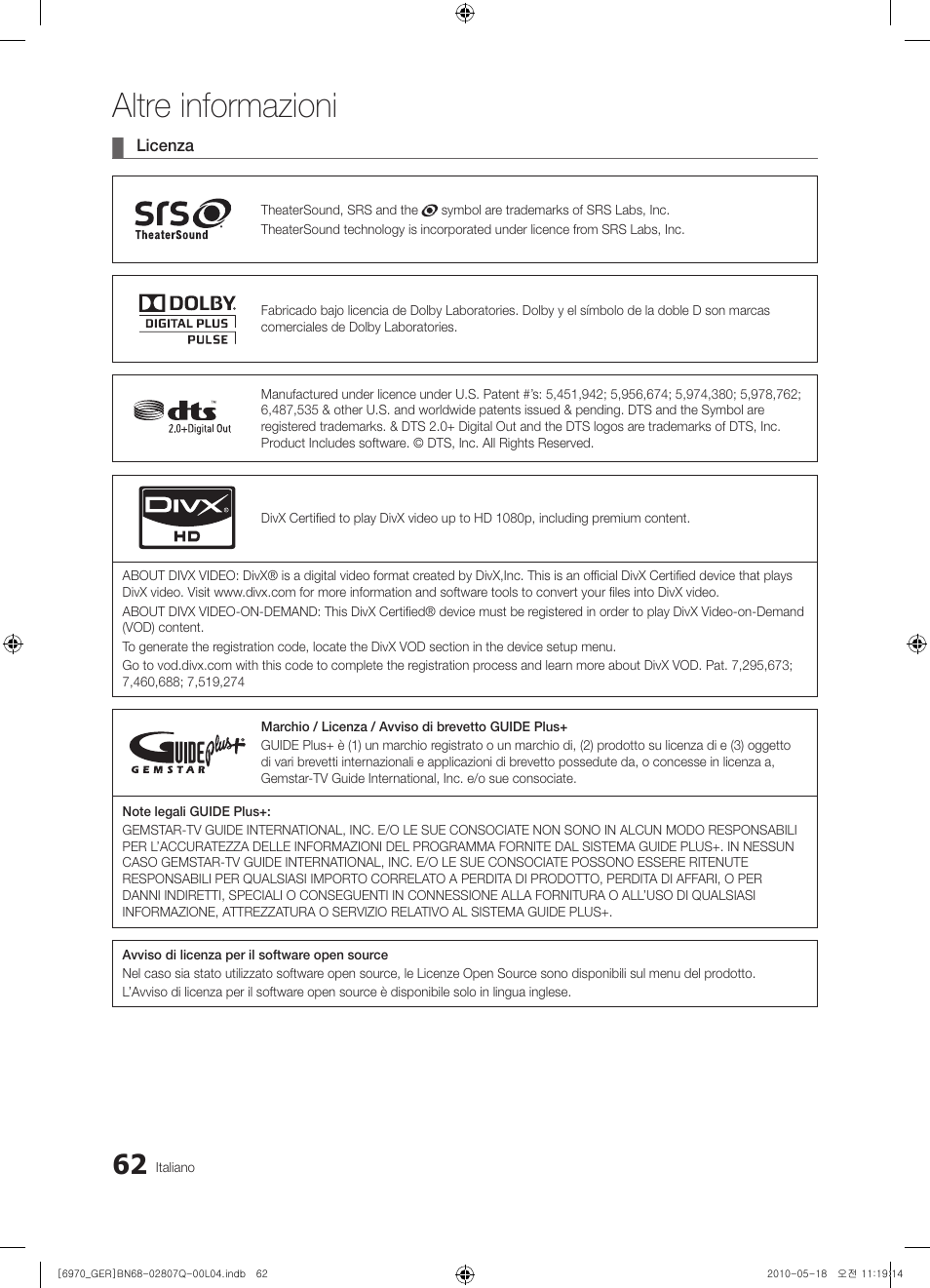 Altre informazioni | Samsung PS50C6970YS User Manual | Page 254 / 256