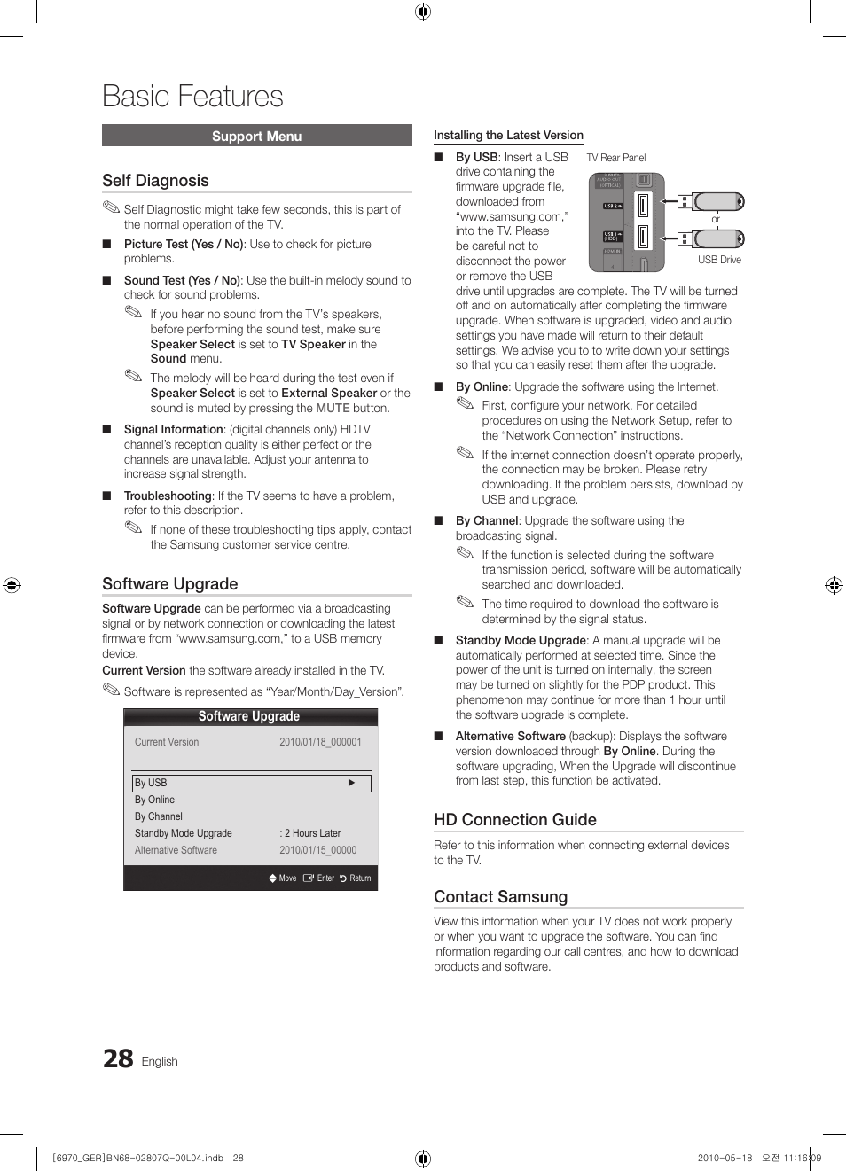 Basic features, Self diagnosis, Software upgrade | Hd connection guide, Contact samsung | Samsung PS50C6970YS User Manual | Page 28 / 256