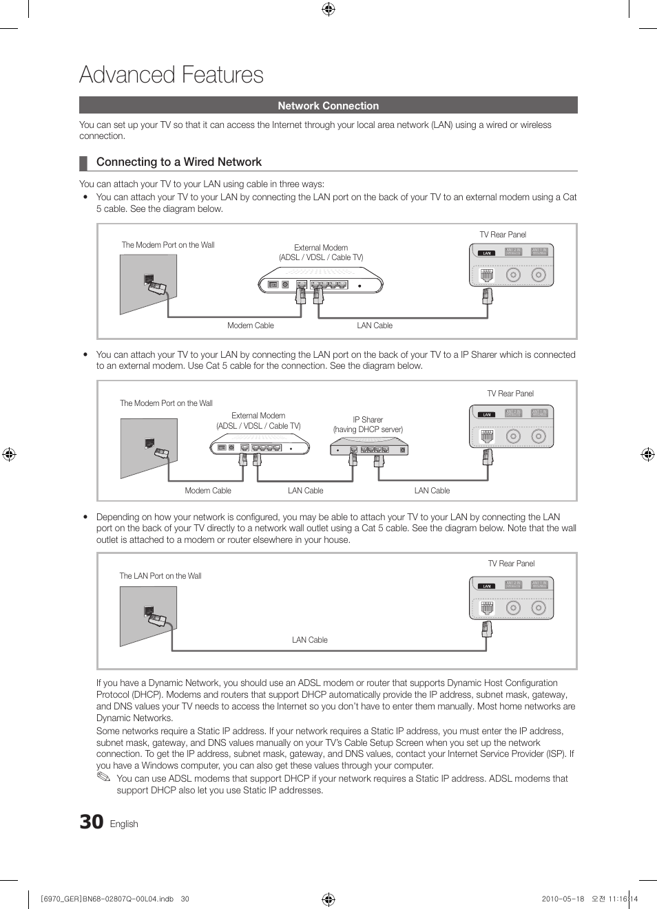 Advanced features, Connecting to a wired network, Network connection | English | Samsung PS50C6970YS User Manual | Page 30 / 256