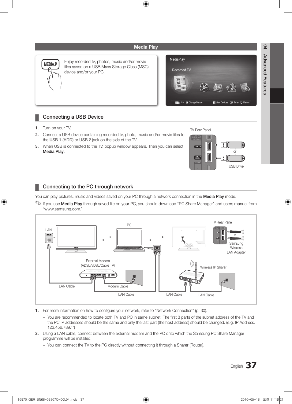 Connecting a usb device, Connecting to the pc through network | Samsung PS50C6970YS User Manual | Page 37 / 256