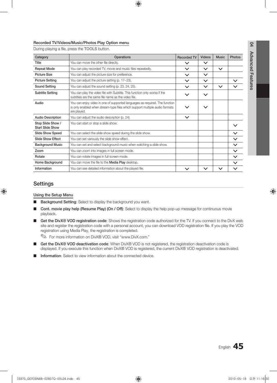 Settings | Samsung PS50C6970YS User Manual | Page 45 / 256