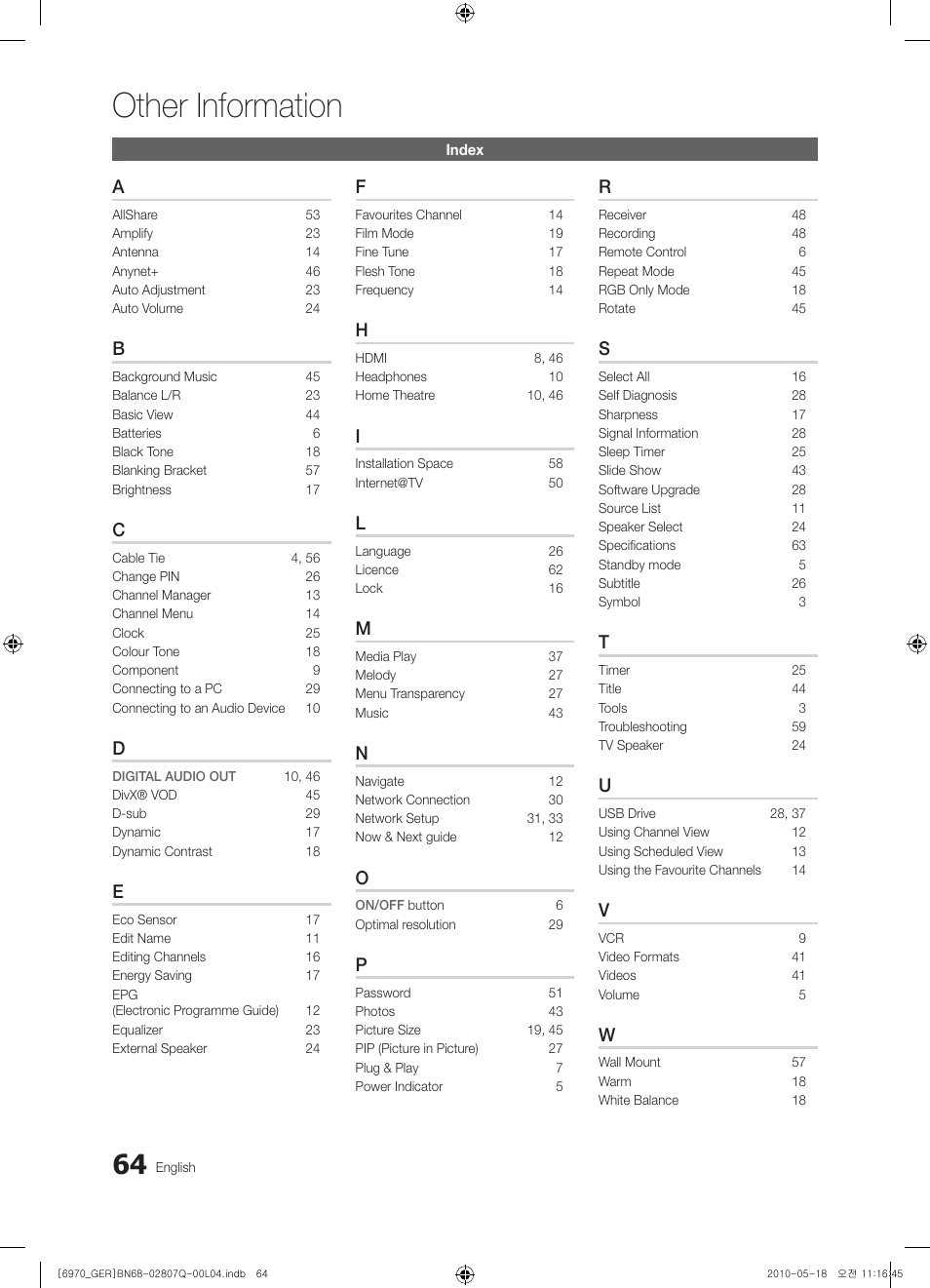 Other information | Samsung PS50C6970YS User Manual | Page 64 / 256