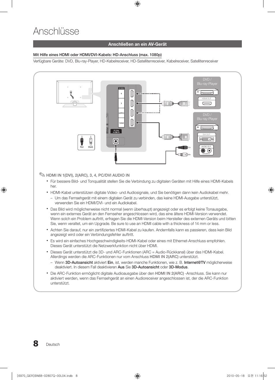 Anschlüsse | Samsung PS50C6970YS User Manual | Page 72 / 256